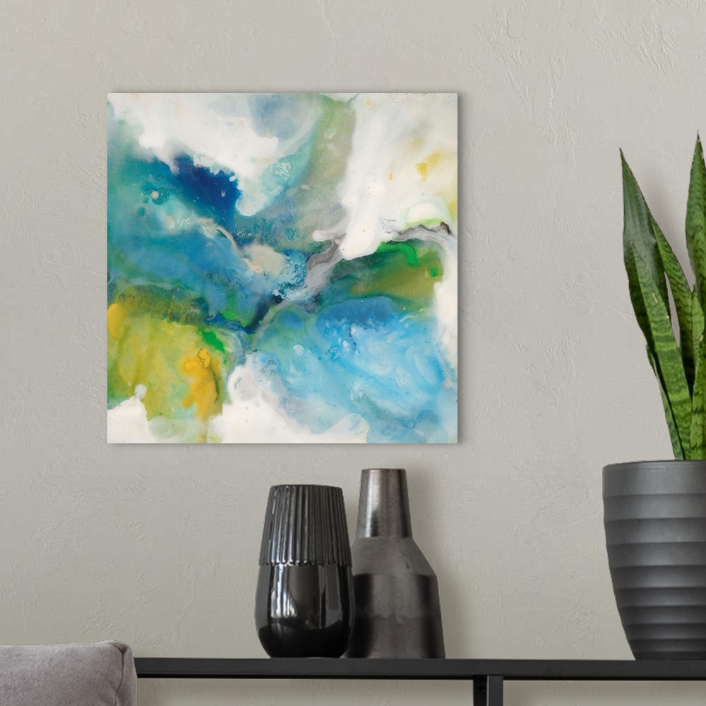 A modern room featuring Contemporary abstract painting of saturated blue and green tones in a swirling motion.
