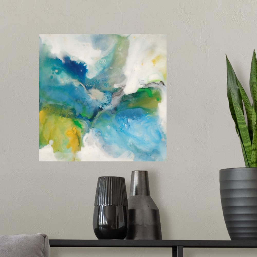 A modern room featuring Contemporary abstract painting of saturated blue and green tones in a swirling motion.