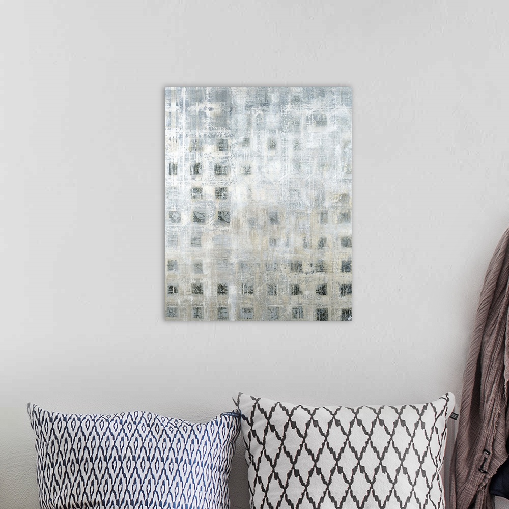 A bohemian room featuring Contemporary abstract painting of a neutral toned geometric grid.