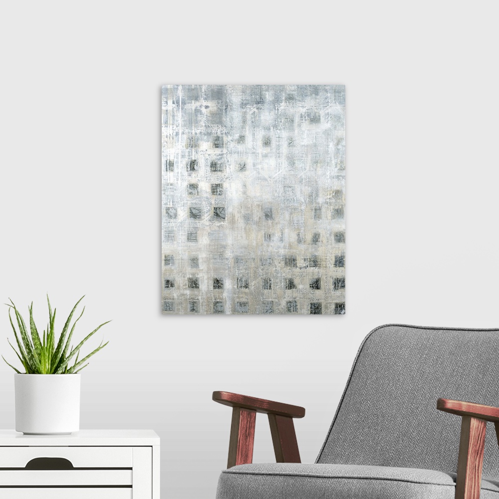 A modern room featuring Contemporary abstract painting of a neutral toned geometric grid.