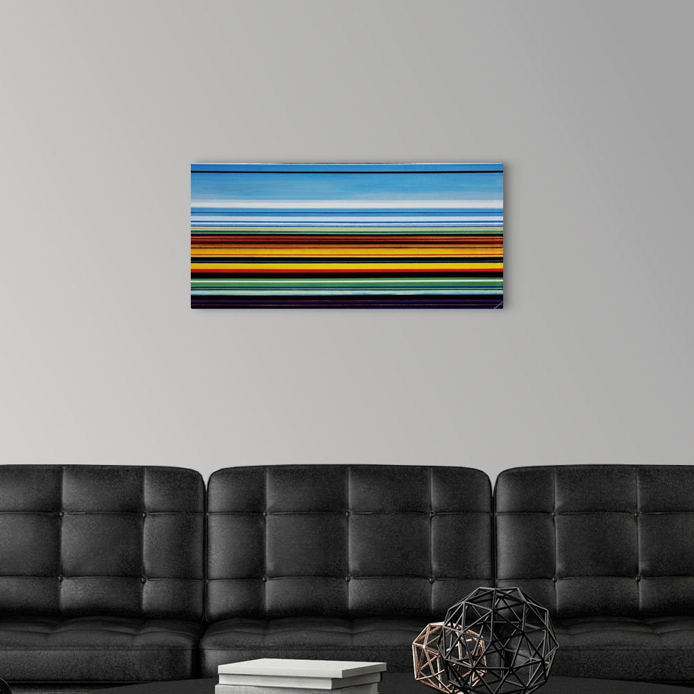 A modern room featuring Modern art of many multicolored horizontal lines,  that are vertically stacked in varying thickne...