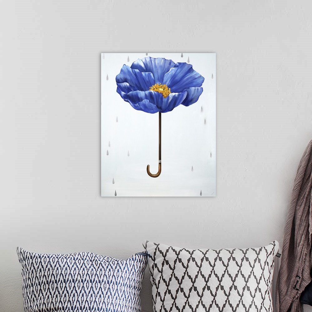 A bohemian room featuring A conceptual painting of a blue poppy as an umbrella with silver rain drops falling down.