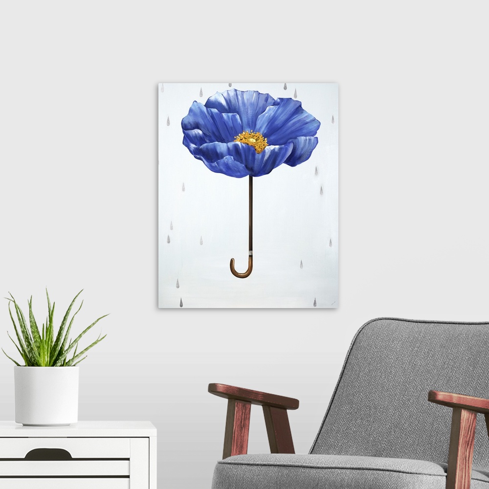 A modern room featuring A conceptual painting of a blue poppy as an umbrella with silver rain drops falling down.