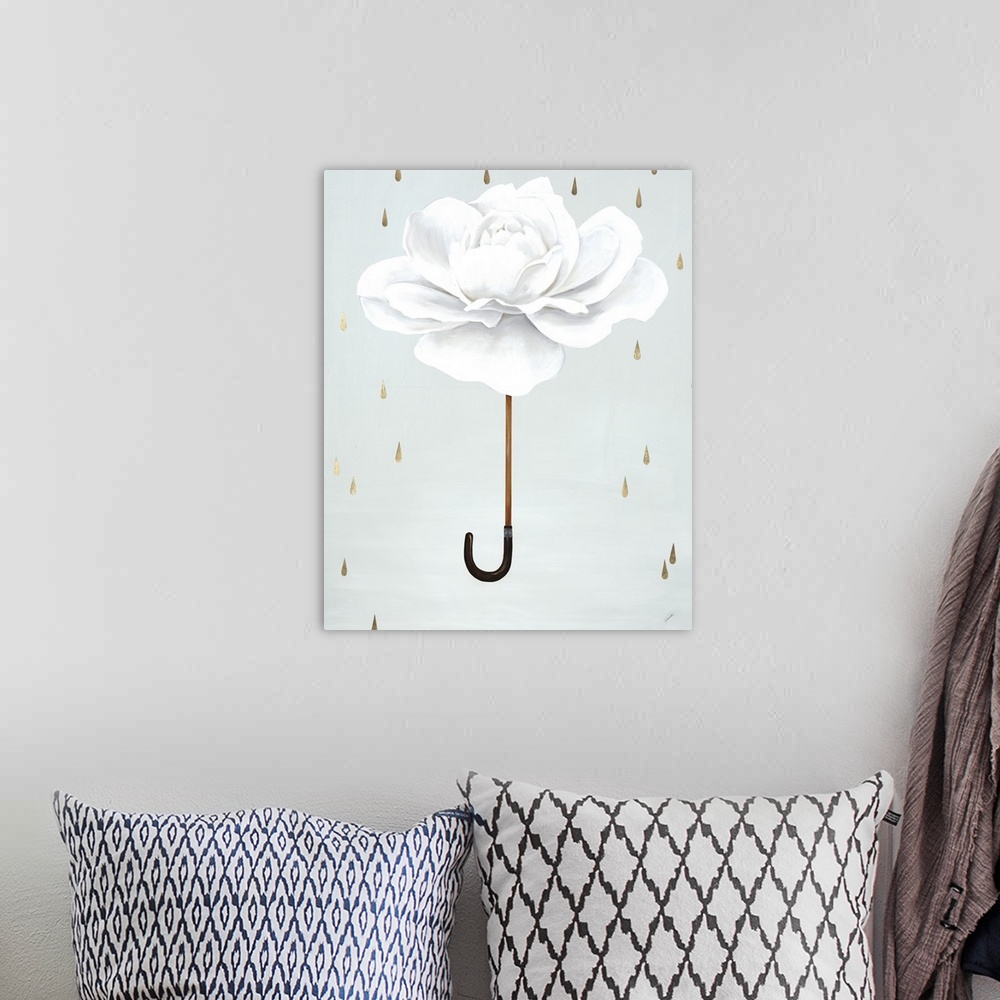 A bohemian room featuring A conceptual painting of a white rose as an umbrella with gold rain drops falling down.