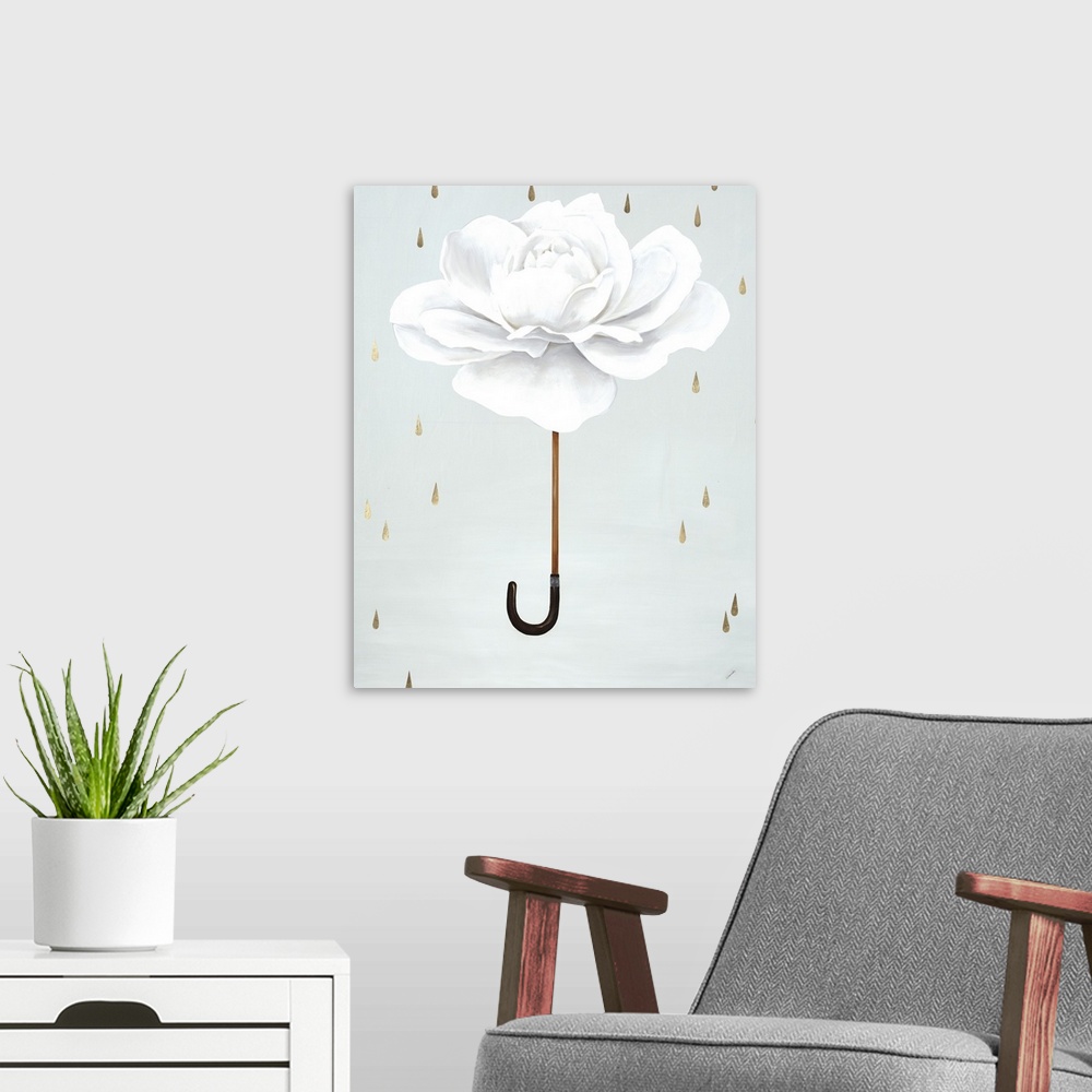 A modern room featuring A conceptual painting of a white rose as an umbrella with gold rain drops falling down.