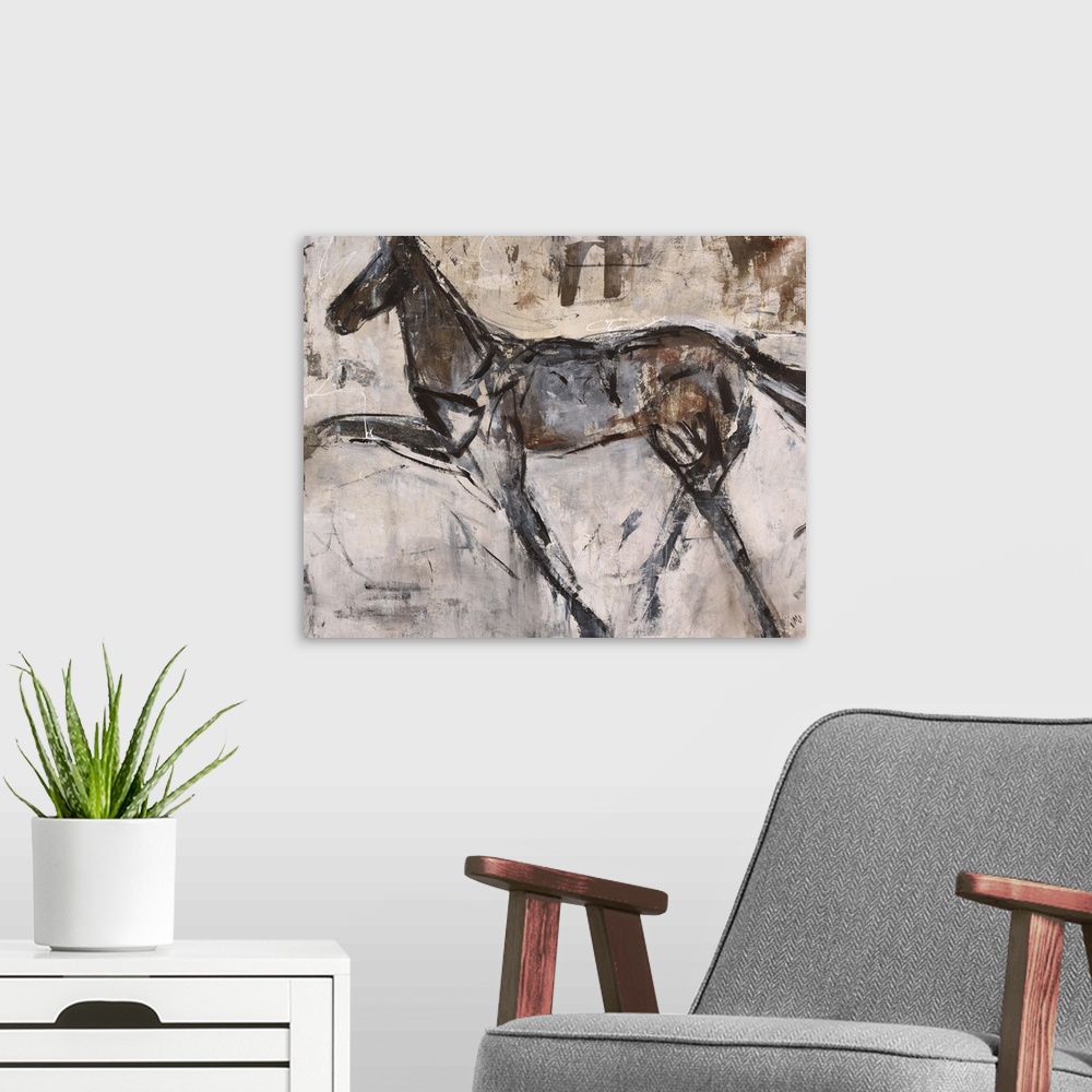 A modern room featuring Contemporary painting of a horse facing left lifting one of its front legs, almost appearing as i...