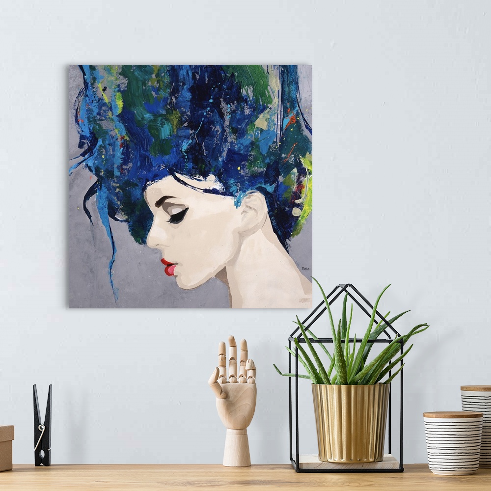 A bohemian room featuring Square painting of a woman with playful hair flowing towards the top of the canvas in shades of b...