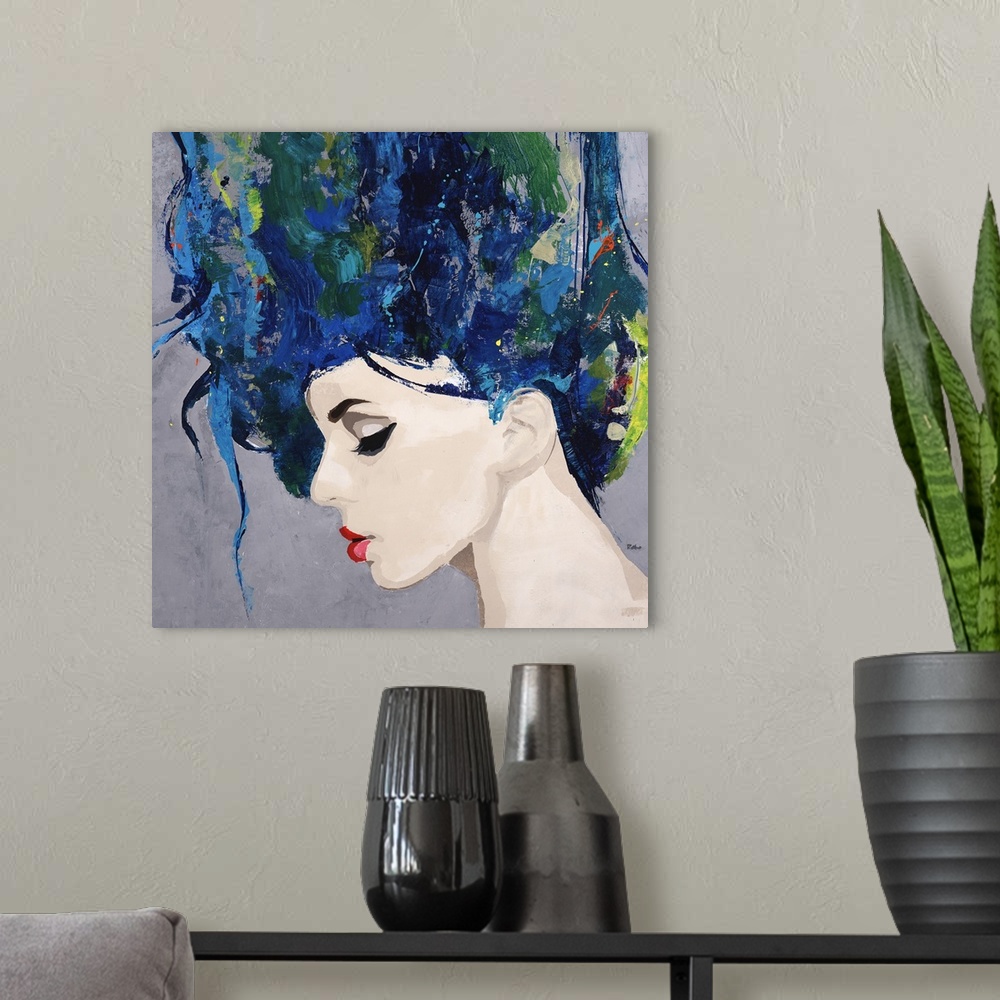 A modern room featuring Square painting of a woman with playful hair flowing towards the top of the canvas in shades of b...