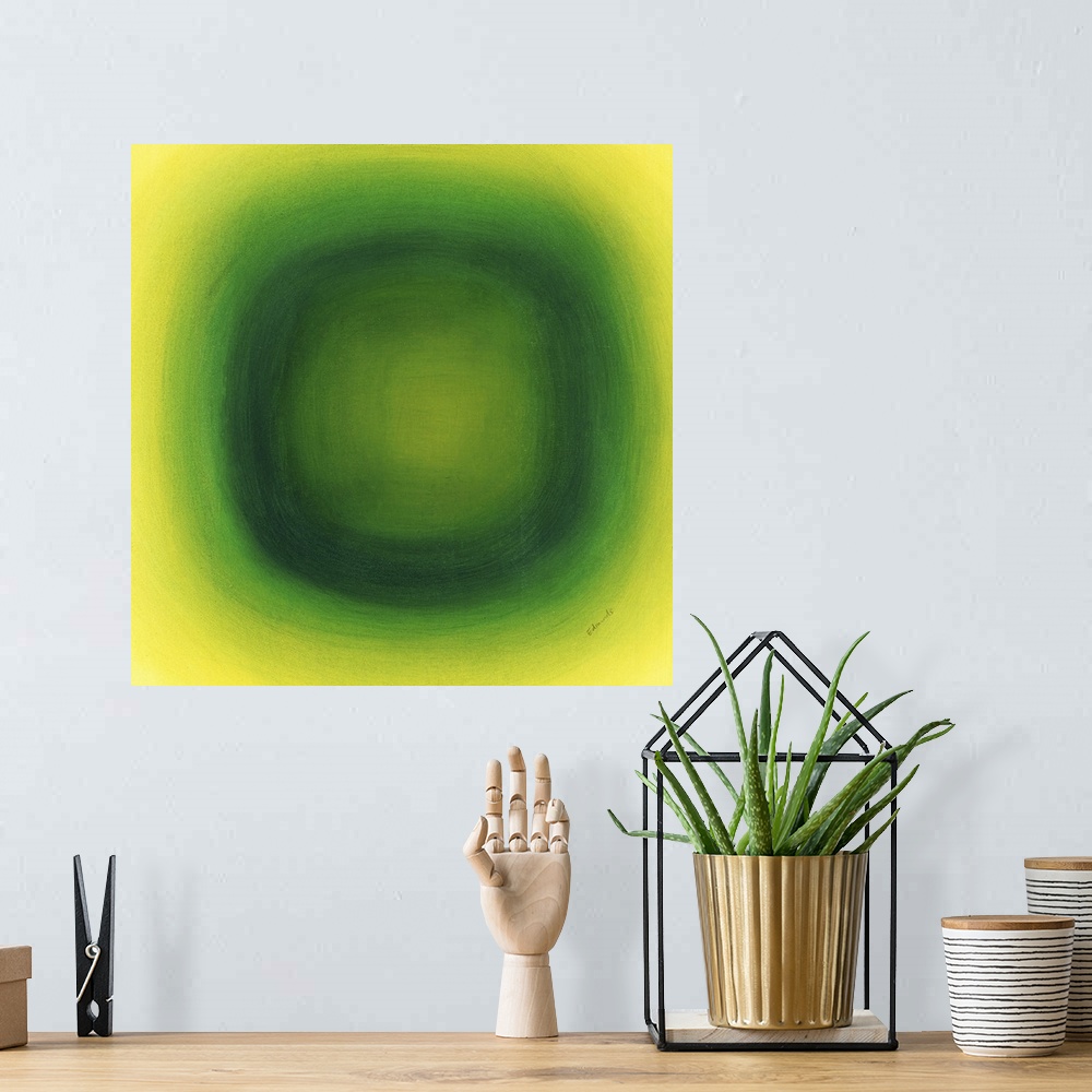 A bohemian room featuring A contemporary abstract painting of a green circle with gradating green circles moving concentric...