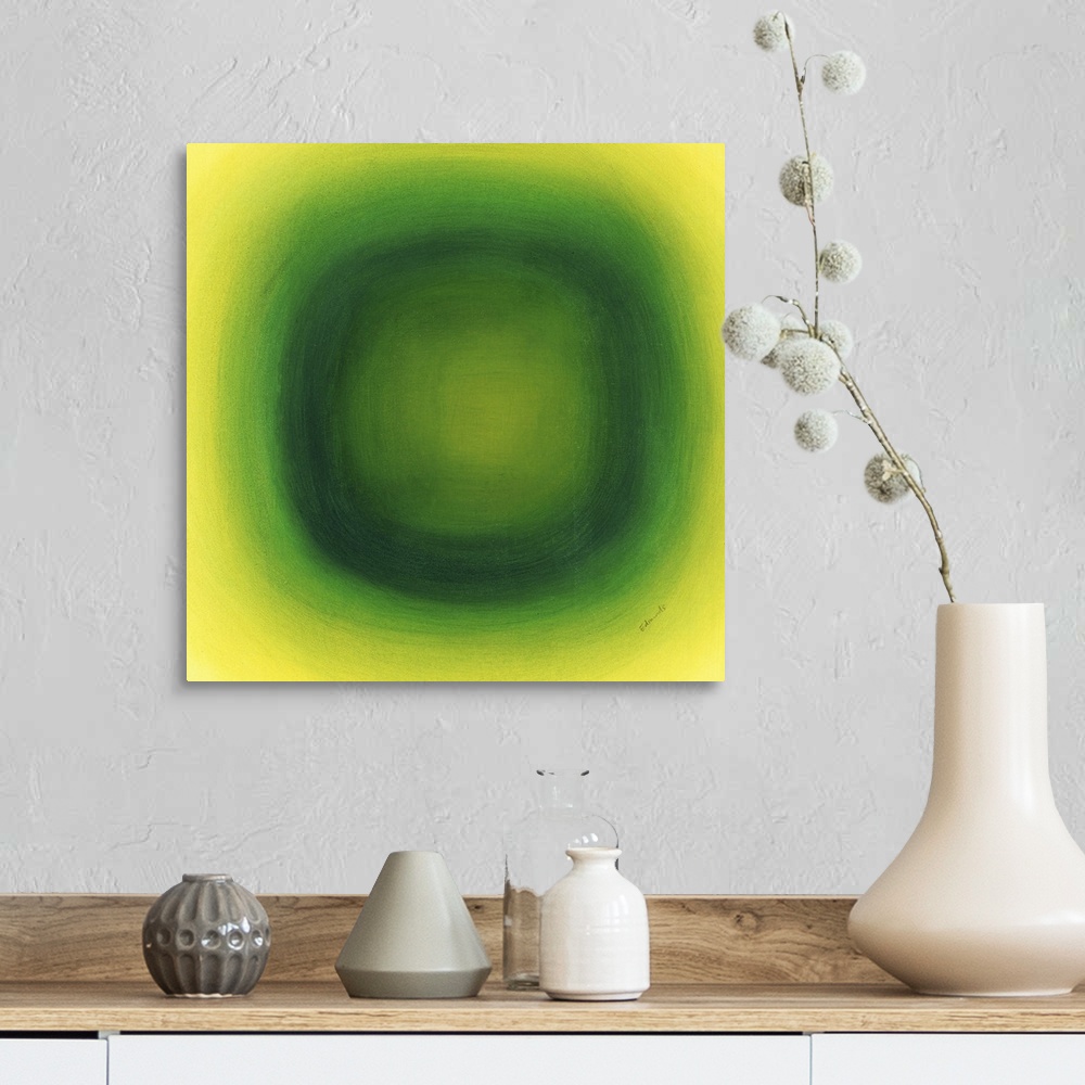 A farmhouse room featuring A contemporary abstract painting of a green circle with gradating green circles moving concentric...