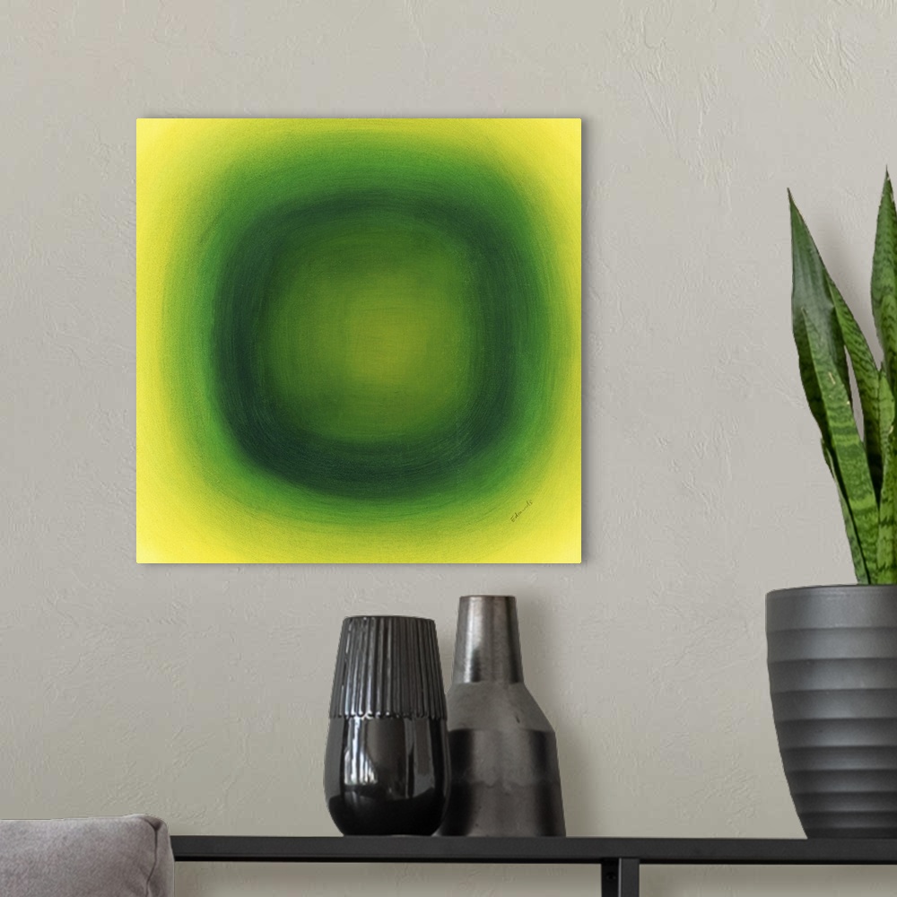 A modern room featuring A contemporary abstract painting of a green circle with gradating green circles moving concentric...