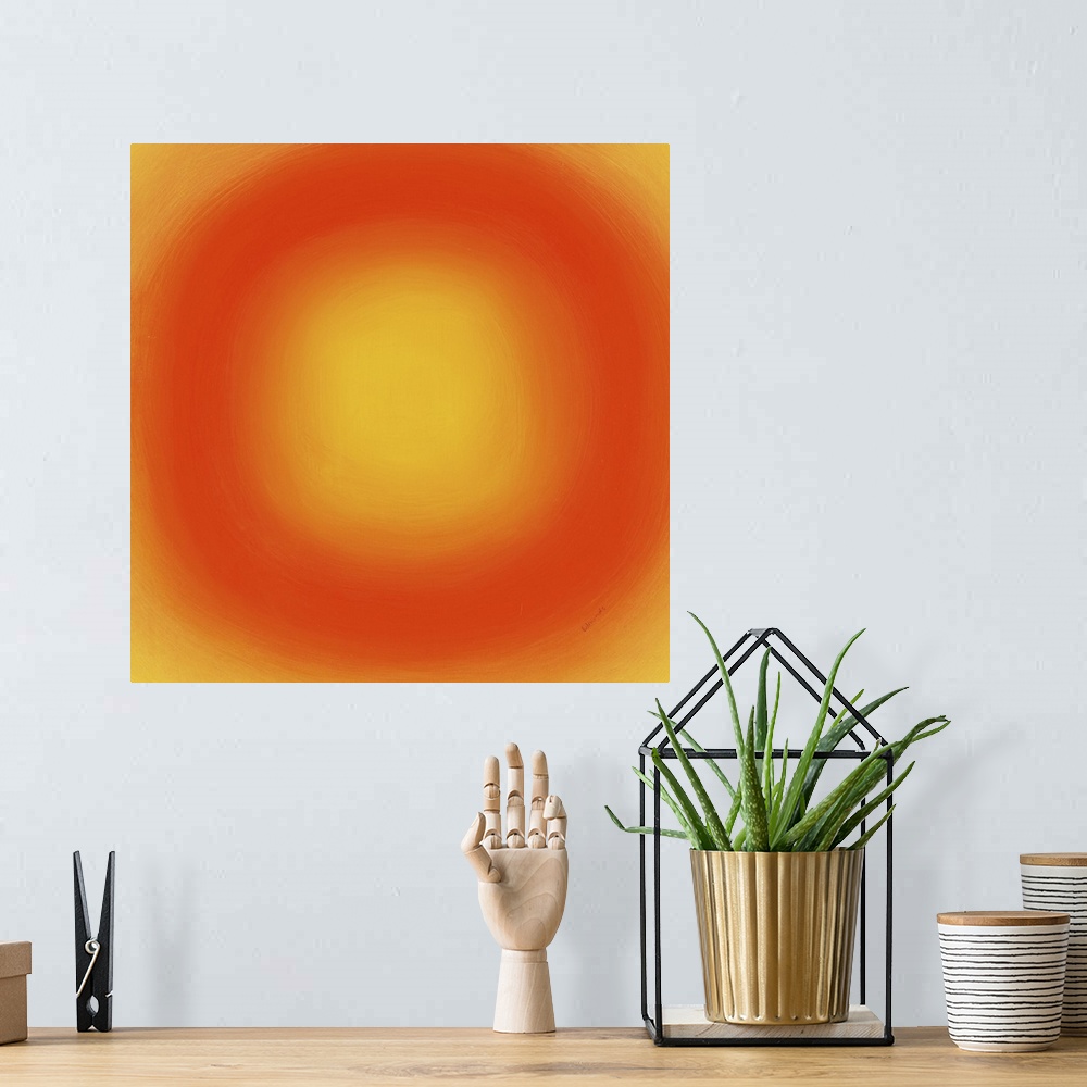 A bohemian room featuring A contemporary abstract painting of an orange circle with gradating green circles moving concentr...