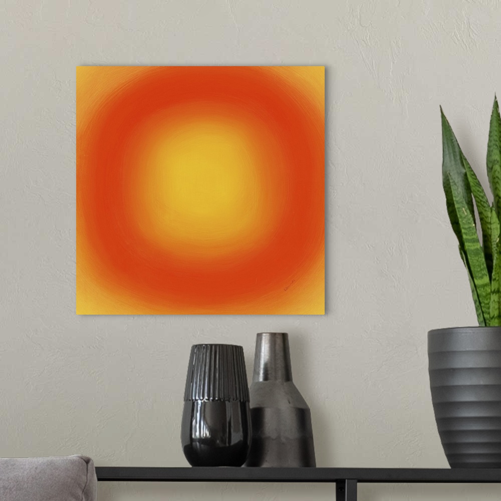 A modern room featuring A contemporary abstract painting of an orange circle with gradating green circles moving concentr...