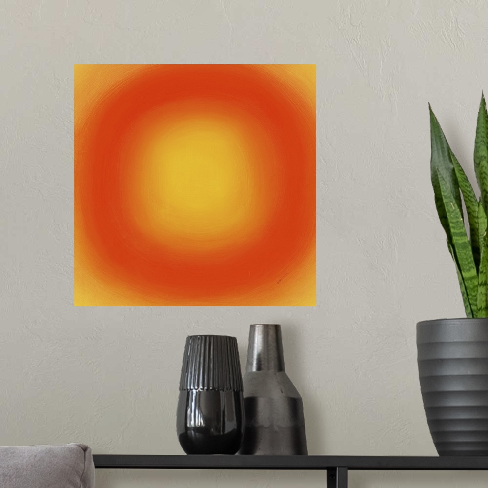 A modern room featuring A contemporary abstract painting of an orange circle with gradating green circles moving concentr...