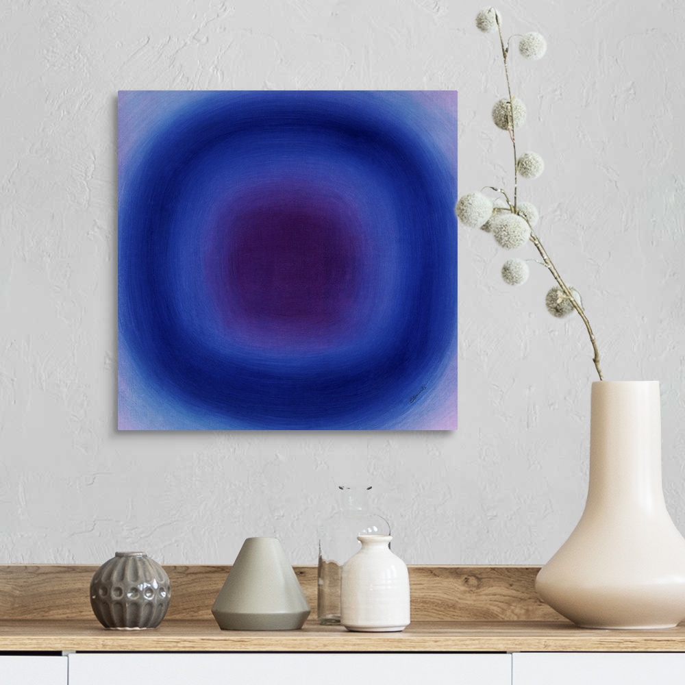 A farmhouse room featuring A contemporary abstract painting of a blue circle with gradating green circles moving concentrica...
