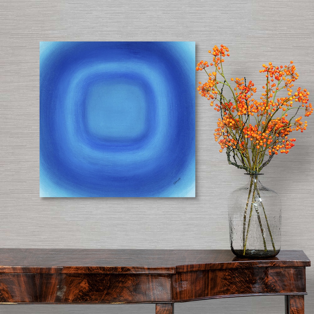 A traditional room featuring A contemporary abstract painting of a blue circle with gradating green circles moving concentrica...