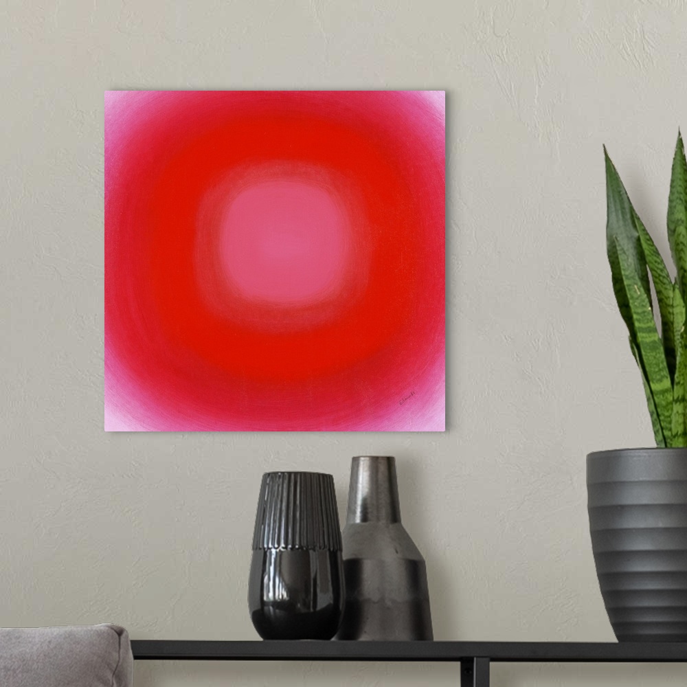 A modern room featuring A contemporary abstract painting of a red circle with gradating green circles moving concentrical...