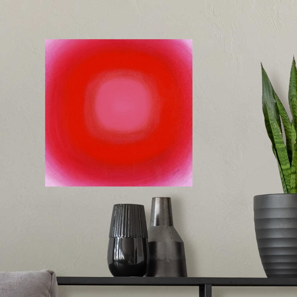 A modern room featuring A contemporary abstract painting of a red circle with gradating green circles moving concentrical...