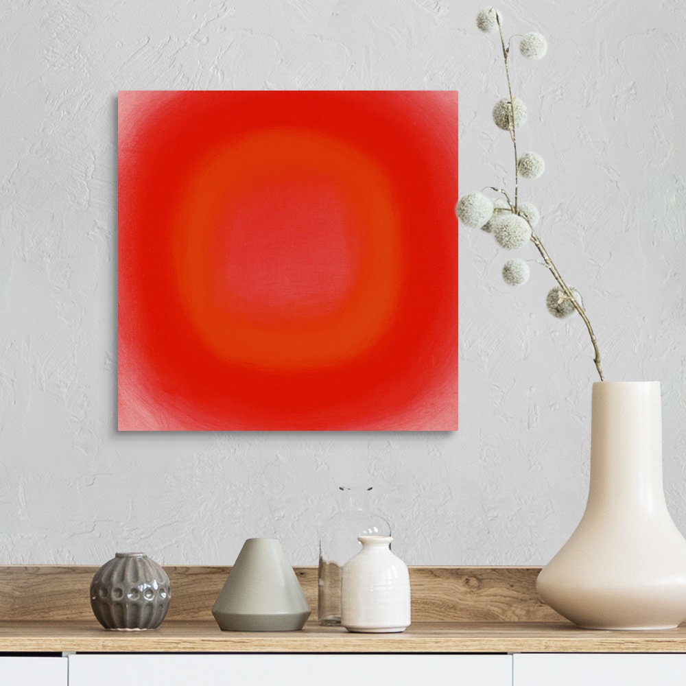 A farmhouse room featuring A contemporary abstract painting of a red circle with gradating green circles moving concentrical...