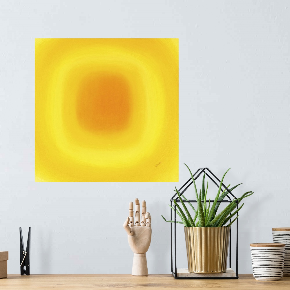 A bohemian room featuring A contemporary abstract painting of a yellow circle with gradating green circles moving concentri...