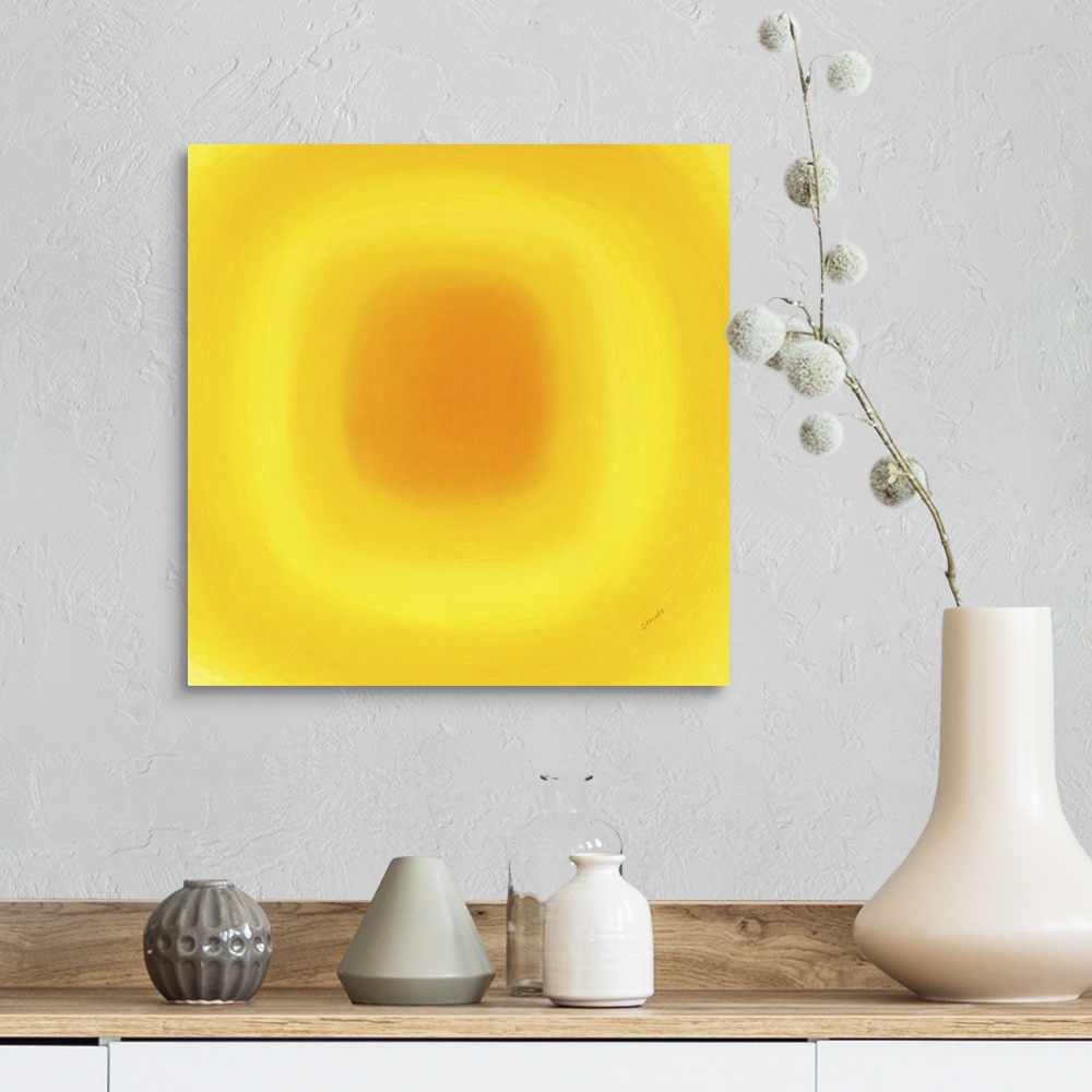 A farmhouse room featuring A contemporary abstract painting of a yellow circle with gradating green circles moving concentri...