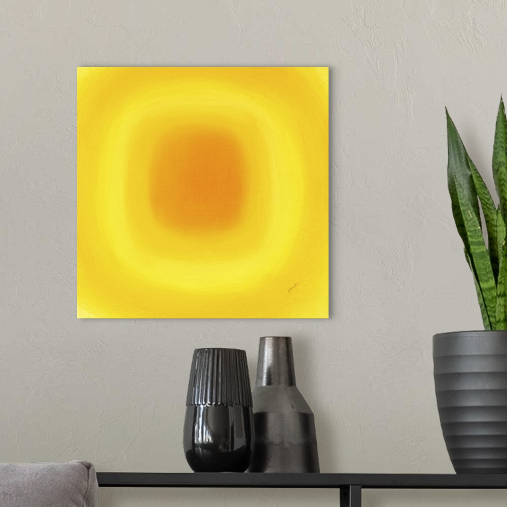A modern room featuring A contemporary abstract painting of a yellow circle with gradating green circles moving concentri...