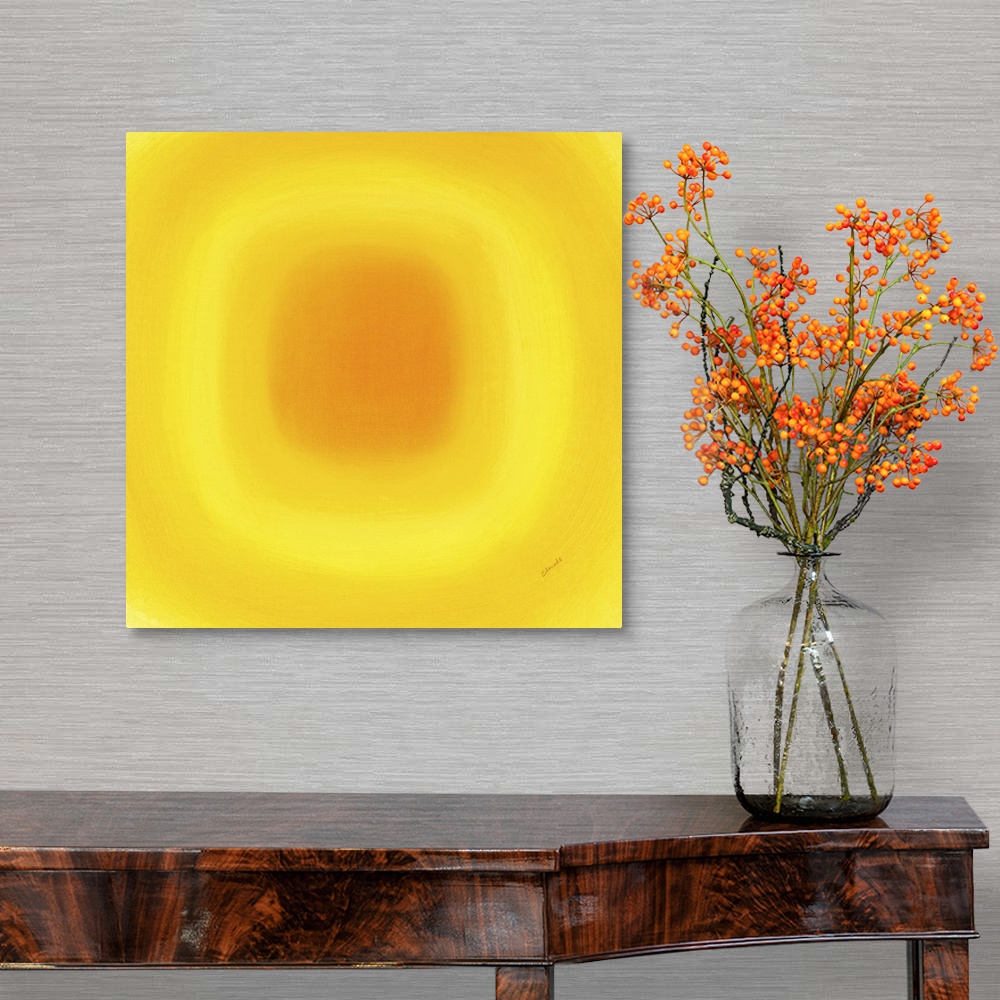 A traditional room featuring A contemporary abstract painting of a yellow circle with gradating green circles moving concentri...