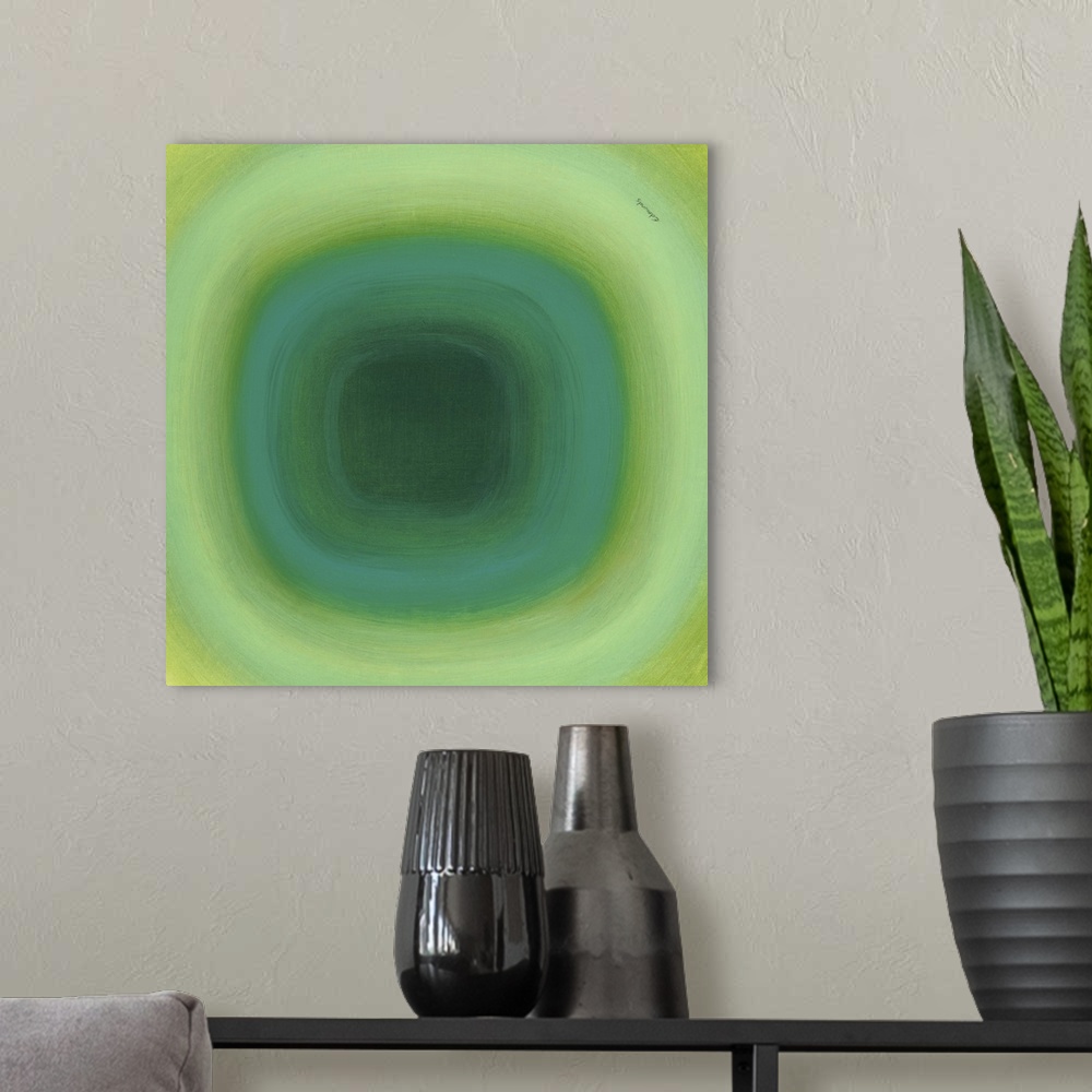 A modern room featuring A contemporary abstract painting of a green circle with gradating green circles moving concentric...