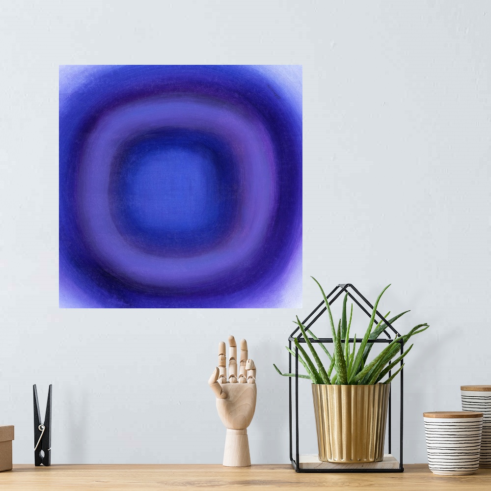 A bohemian room featuring A contemporary abstract painting of a purple circle with gradating green circles moving concentri...