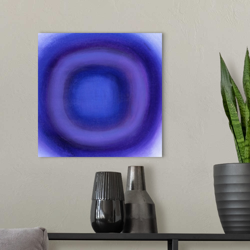 A modern room featuring A contemporary abstract painting of a purple circle with gradating green circles moving concentri...