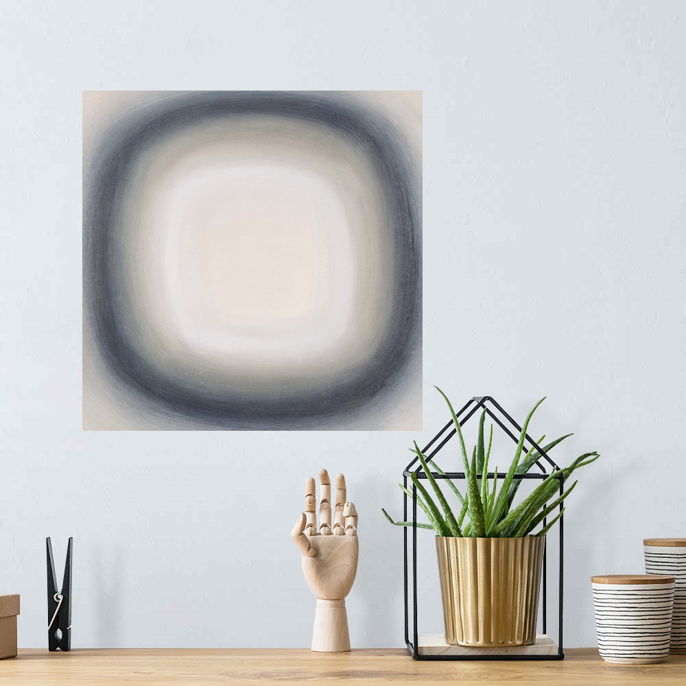 A bohemian room featuring A contemporary abstract painting of a gray circle with gradating green circles moving concentrica...
