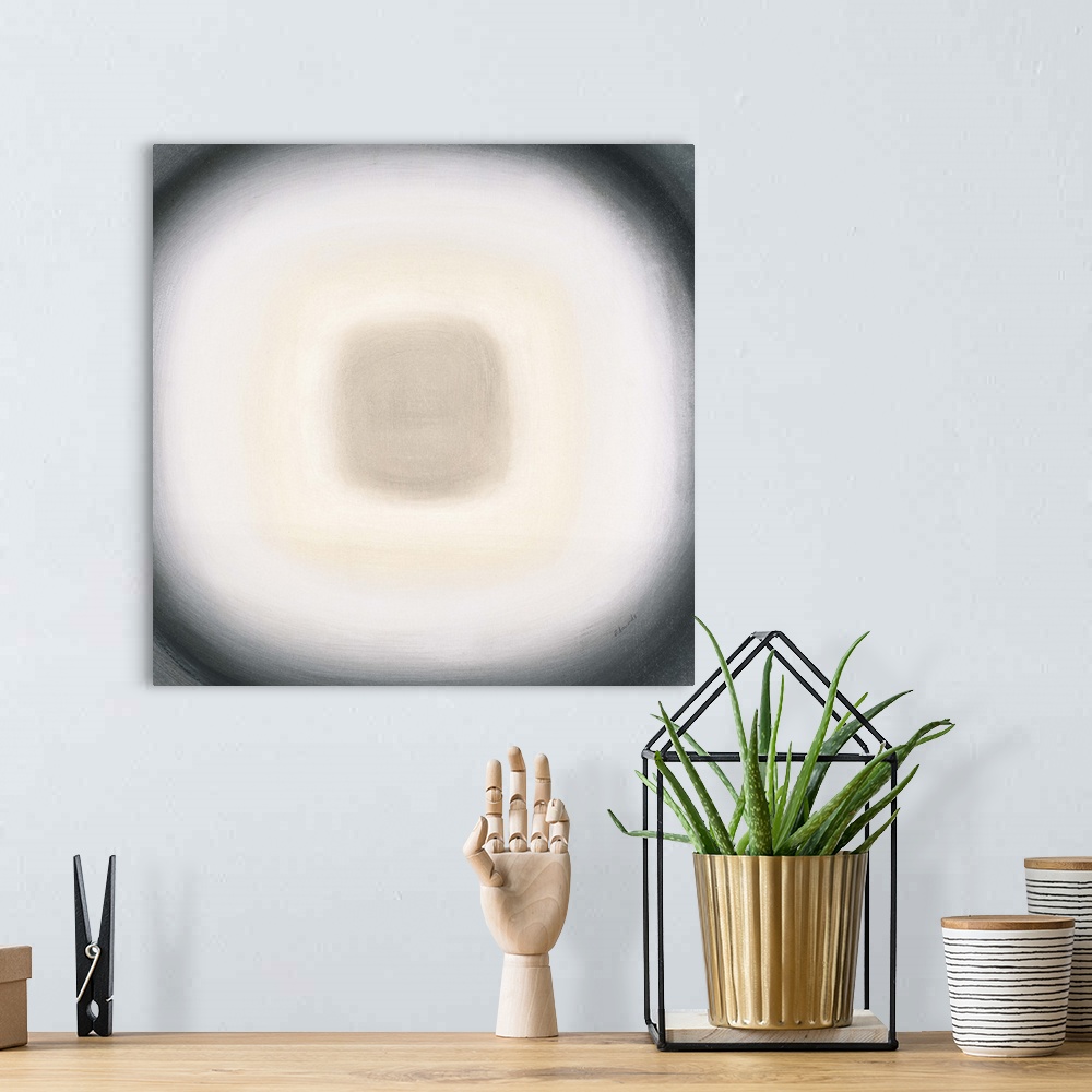 A bohemian room featuring A contemporary abstract painting of a gray circle with gradating green circles moving concentrica...