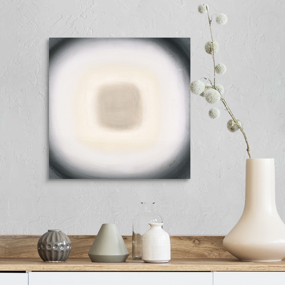 A farmhouse room featuring A contemporary abstract painting of a gray circle with gradating green circles moving concentrica...