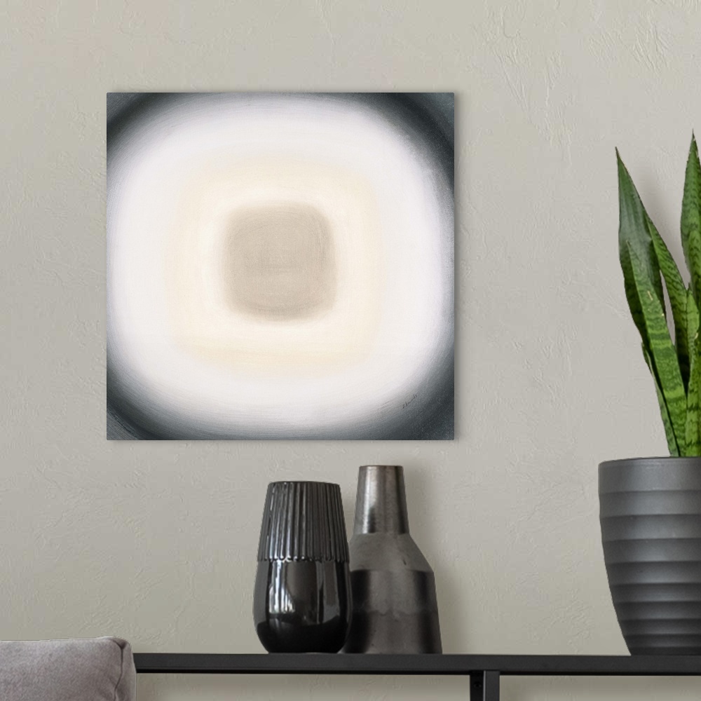 A modern room featuring A contemporary abstract painting of a gray circle with gradating green circles moving concentrica...