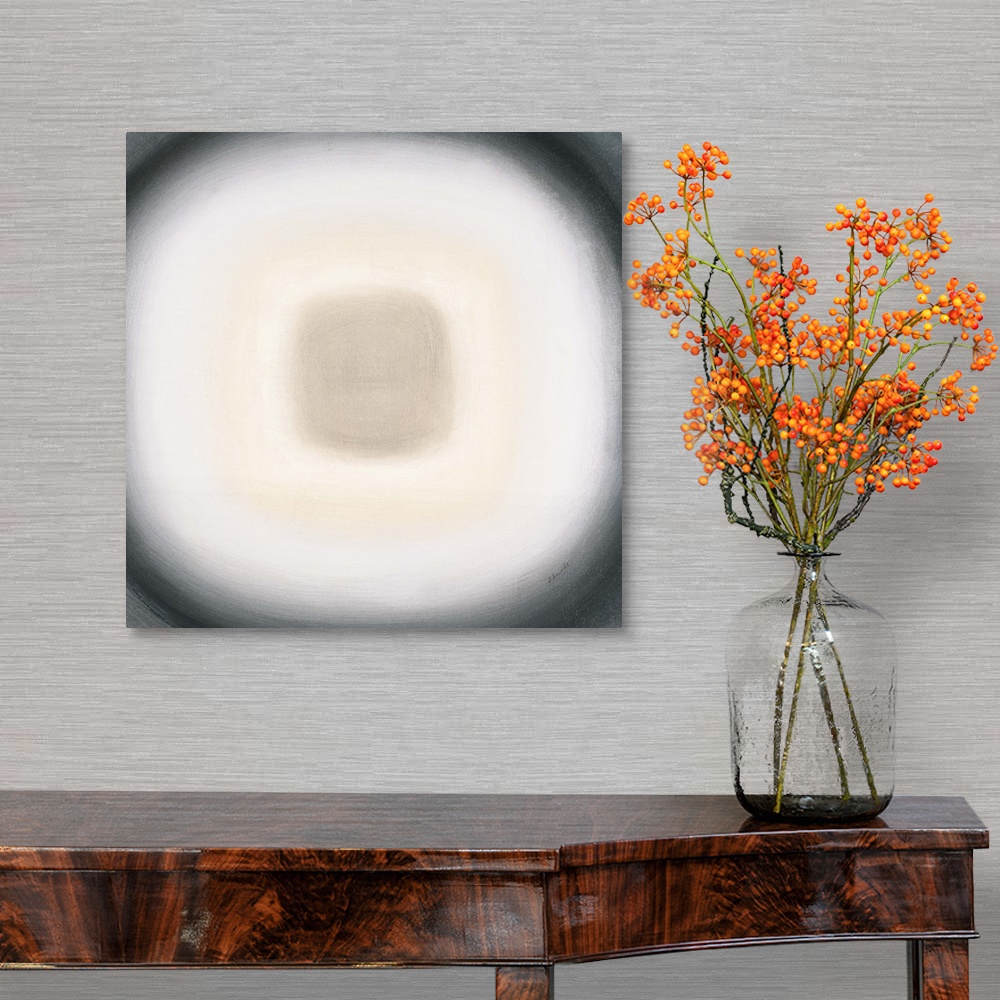 A traditional room featuring A contemporary abstract painting of a gray circle with gradating green circles moving concentrica...