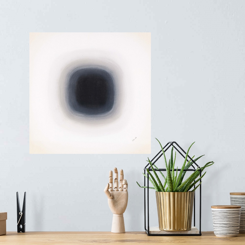A bohemian room featuring A contemporary abstract painting of a black circle with gradating green circles moving concentric...