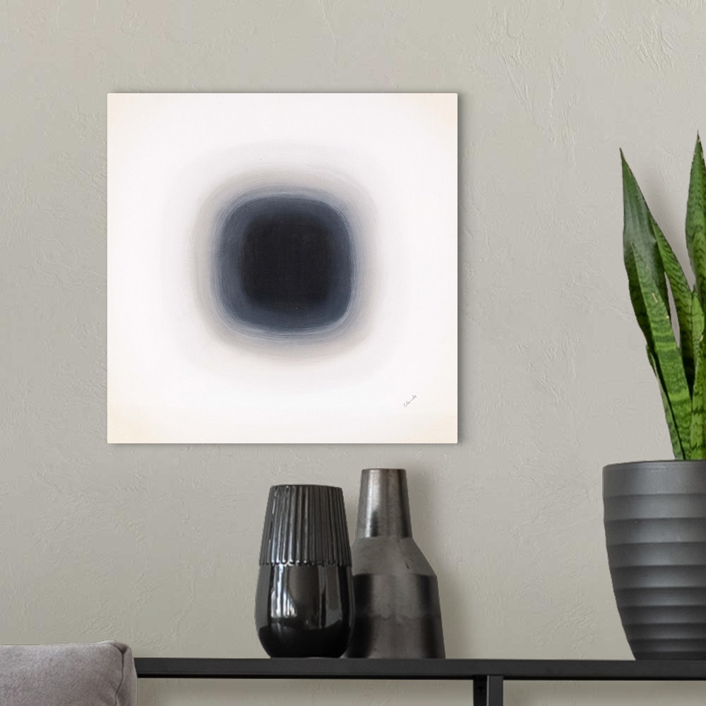 A modern room featuring A contemporary abstract painting of a black circle with gradating green circles moving concentric...