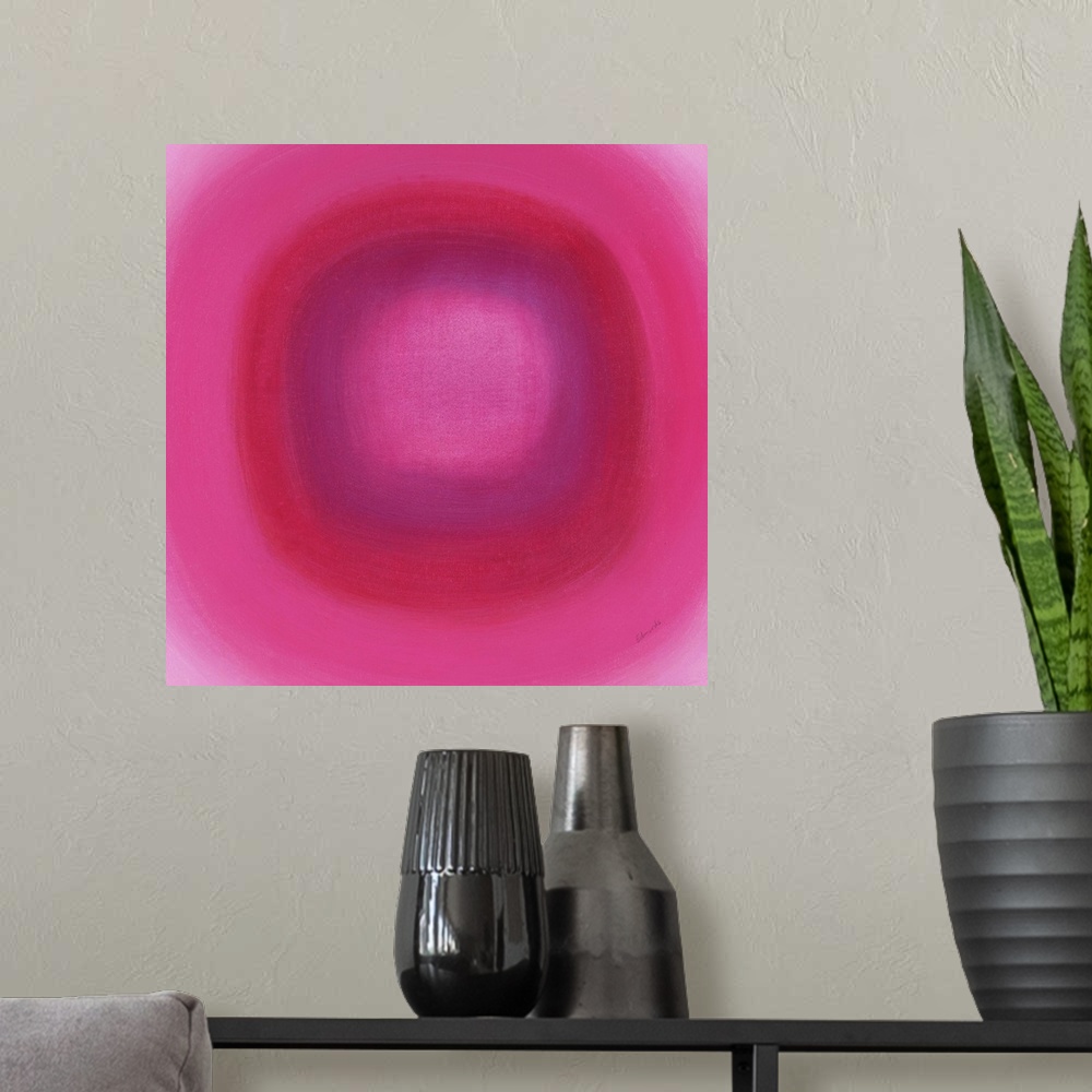 A modern room featuring A contemporary abstract painting of a pink circle with gradating green circles moving concentrica...