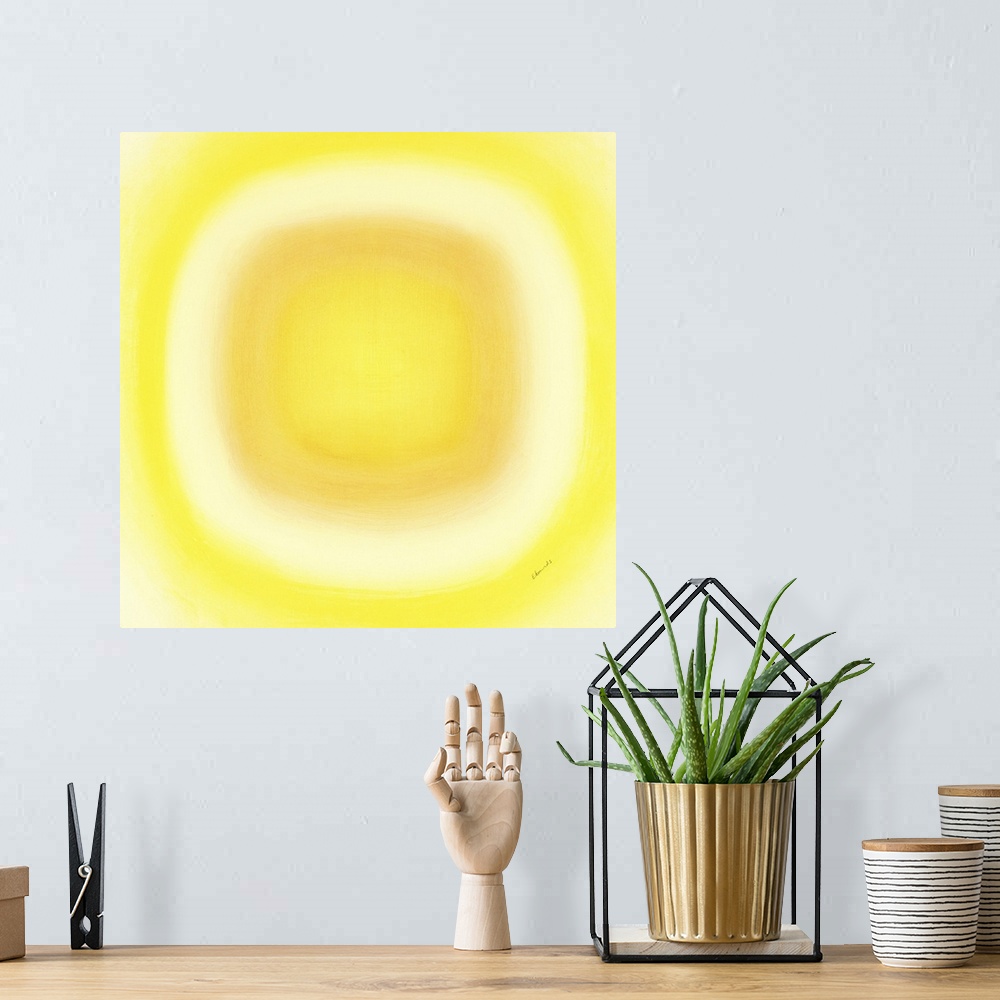 A bohemian room featuring A contemporary abstract painting of a yellow circle with gradating green circles moving concentri...