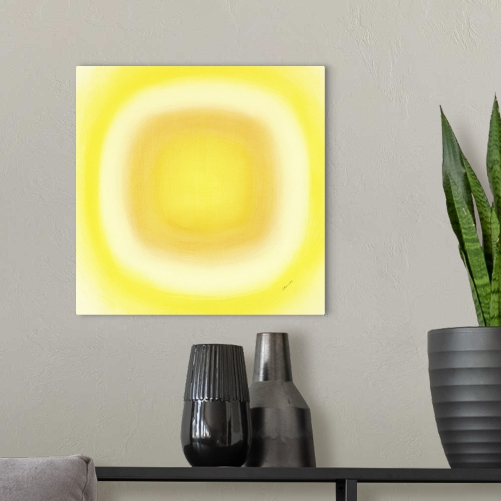 A modern room featuring A contemporary abstract painting of a yellow circle with gradating green circles moving concentri...