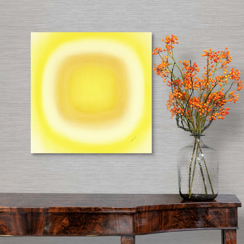A traditional room featuring A contemporary abstract painting of a yellow circle with gradating green circles moving concentri...