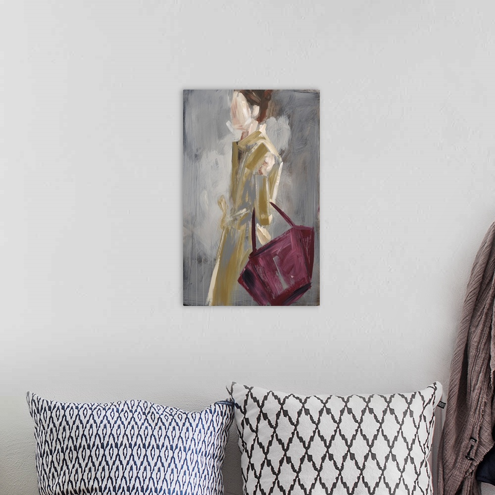 A bohemian room featuring Contemporary artwork of a fashionable woman holding a red handbag.