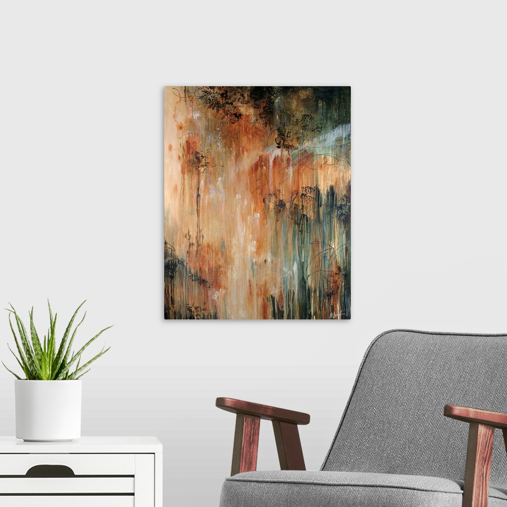 A modern room featuring Abstract painting of dark paint splashed and dripped on top of warm tones.