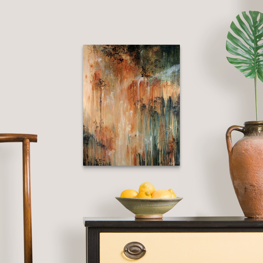 A traditional room featuring Abstract painting of dark paint splashed and dripped on top of warm tones.
