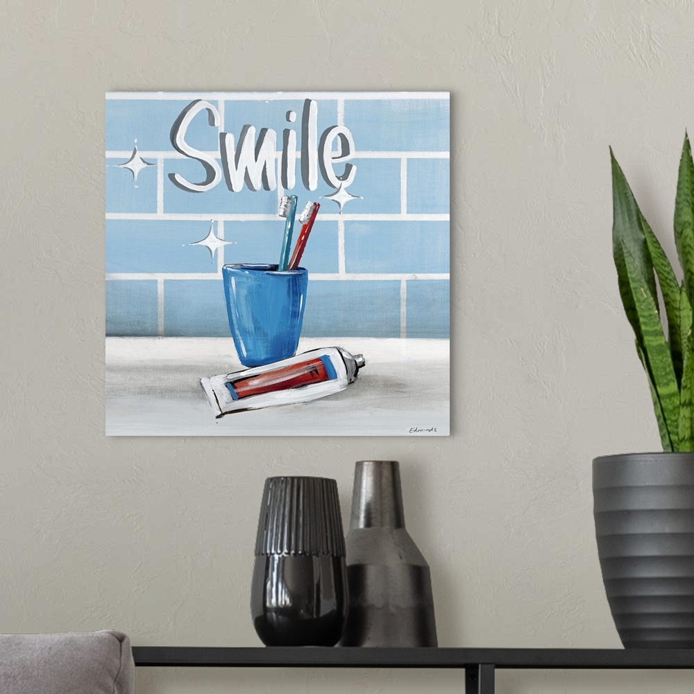 A modern room featuring Contemporary painting of a blue cup holding toothbrushes, with a tube of toothpaste in front.