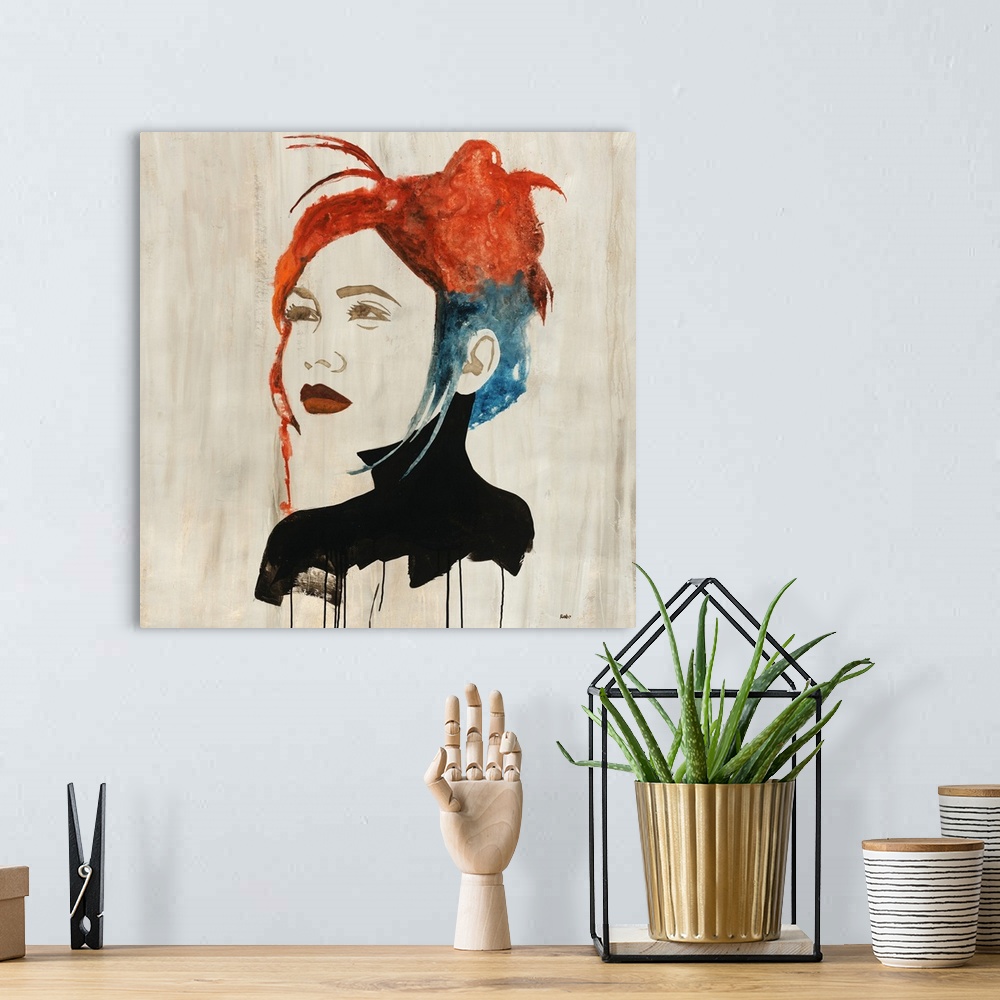 A bohemian room featuring Contemporary portrait of a girl with two toned hair and deep red lips, wearing a black turtle nec...