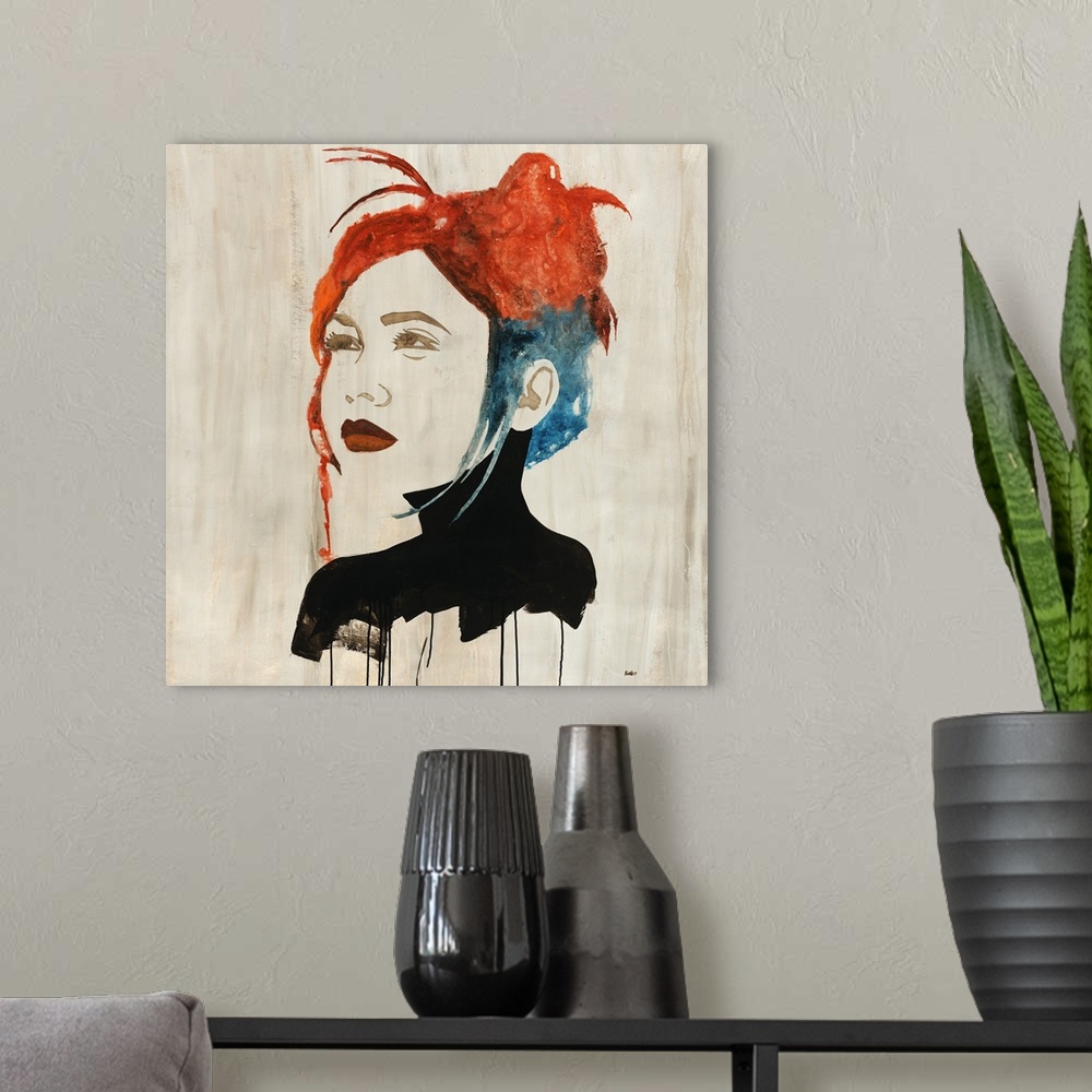 A modern room featuring Contemporary portrait of a girl with two toned hair and deep red lips, wearing a black turtle nec...