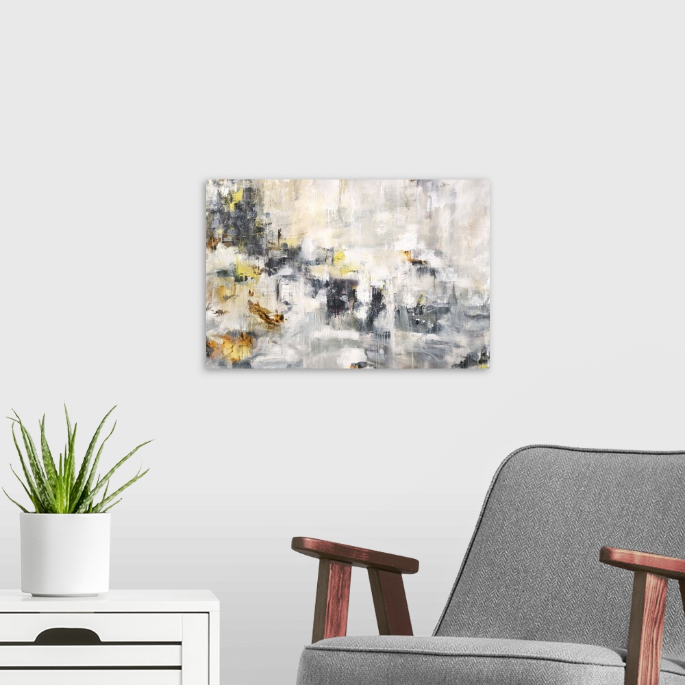 A modern room featuring Large abstract painting in white, gray, black, and yellow hues with paint drips.