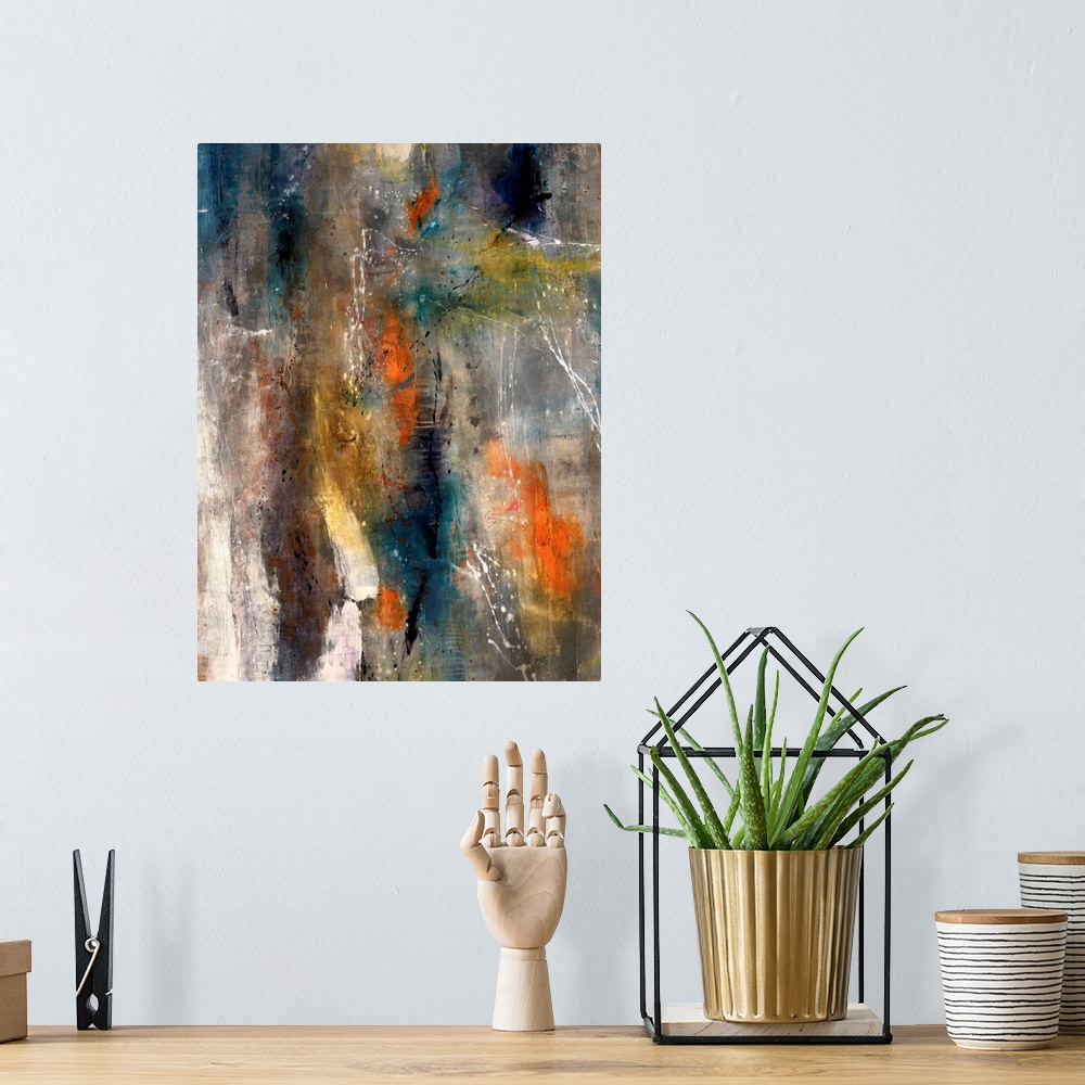 A bohemian room featuring Large abstract art uses a background mixture of dark tones with brief highlights of warm and ligh...