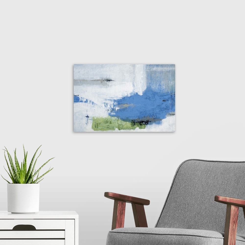 A modern room featuring Contemporary abstract painting using blue and light green patches against a neutral background.